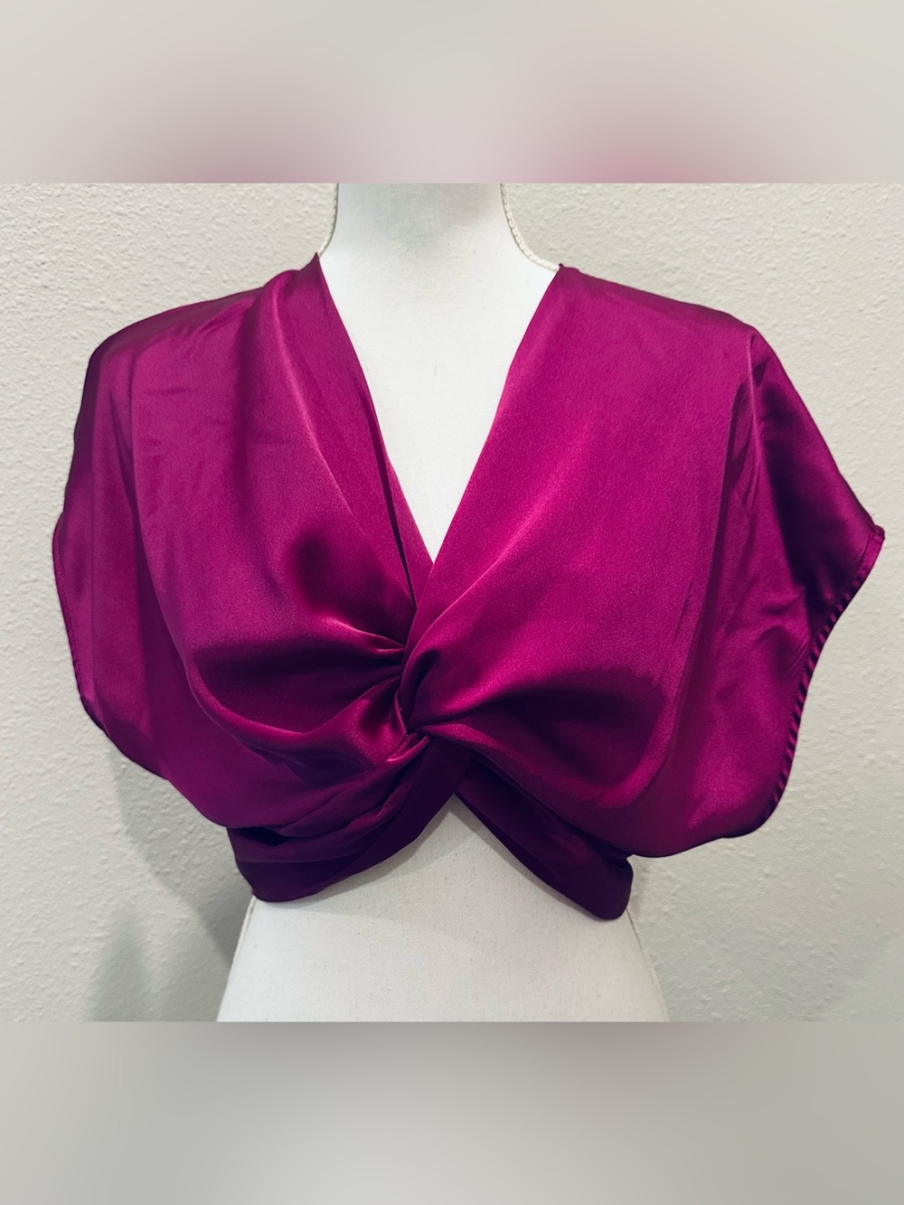 Satin Twist-Front Crop Top in Fuchsia